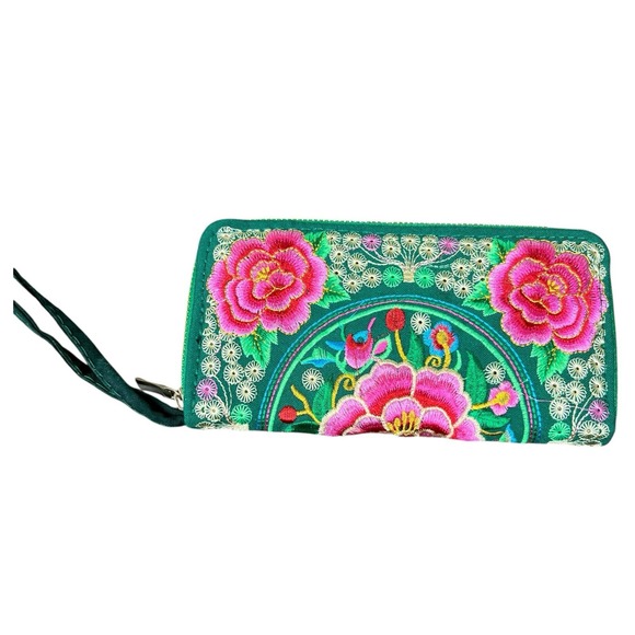 Green Pink Floral Embroidered Zip Around Wallet Wristlet Boho Wicked Vibes‎ - Picture 2 of 6